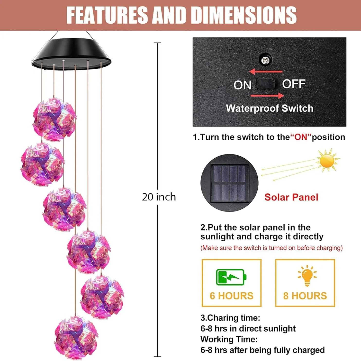 Solar Seven-color Ball Rice Grain Rose Wind Chime Lamp Outdoor Lighting Garden Decoration