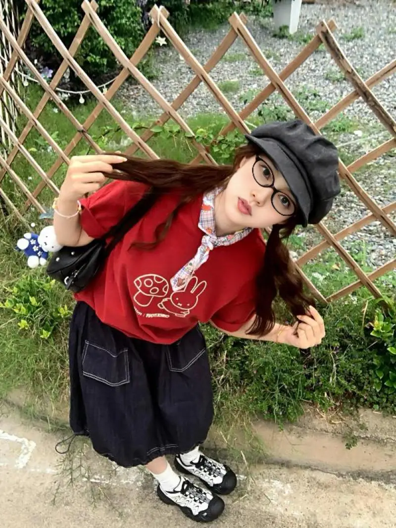 ميفي أرنب جديد أحمر قصير الأكمام Kawaii أرنب طباعة لطيف وعصري فتاة الزي الكرتون الأطفال ملابس لطيف