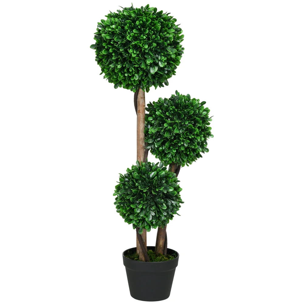 HOMCOM 3ft/35.5inchArtificial 3 Ball Boxwood Topiary Tree with Pot, Indoor Outdoor Fake Plant for Home Office, Living Room Decor