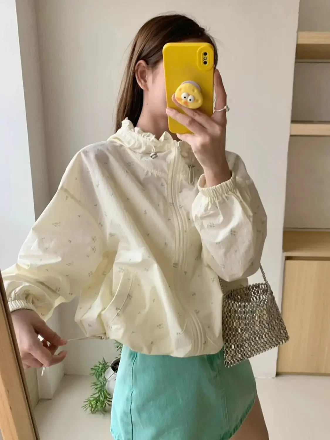 

Age-reducing Black Ears with Floral Thin Hooded Sun Protection Clothes for Women Pastoral Style Niche Casual Drawstring