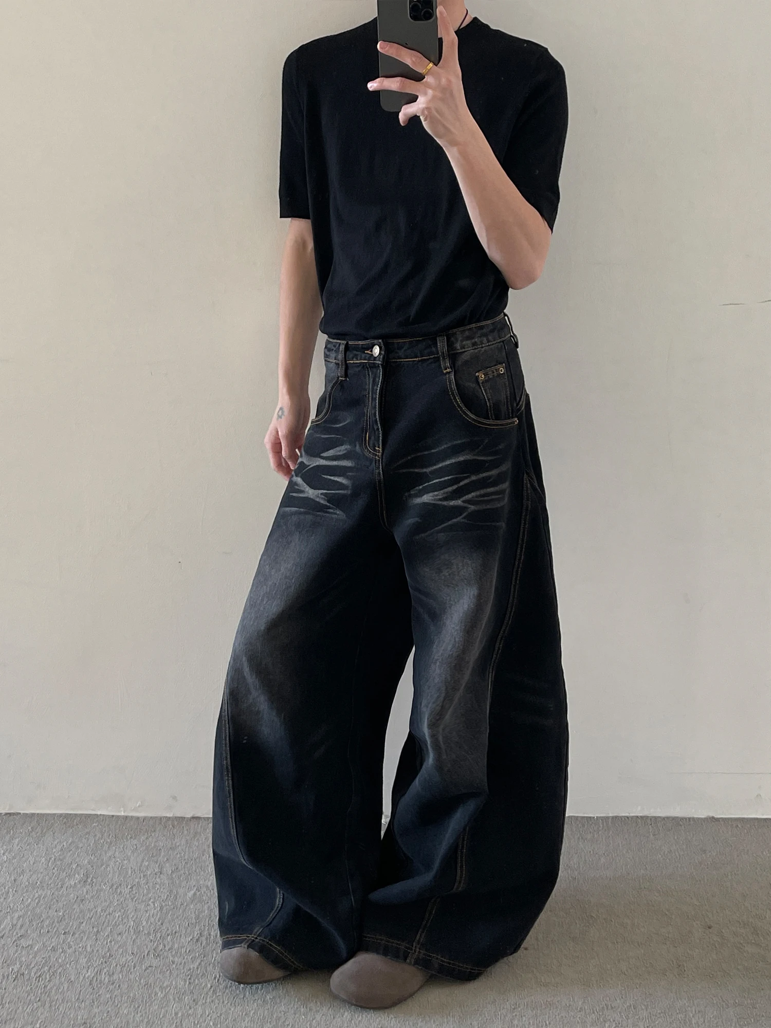 

Мужские повседневные джинсы с широкими штанинами в стиле ретро, американские драпированные джинсы с широкими штанинами, модные джинсовые брюки