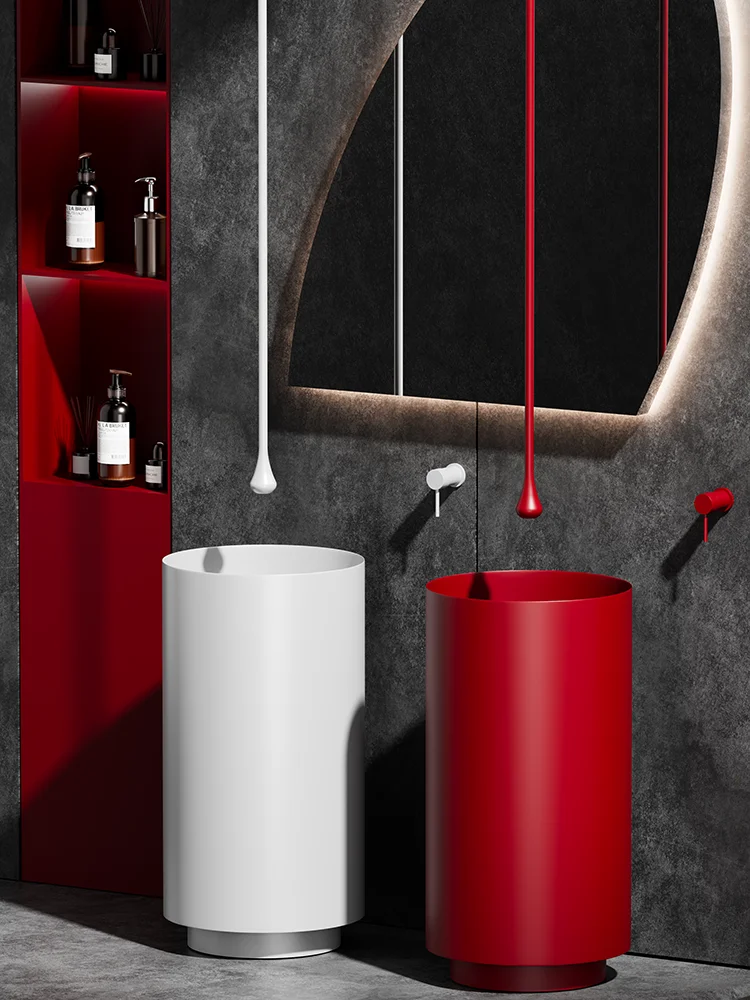 Red stainless steel column basin Hotel bathroom round floor-standing washbasin integrated column washbasin