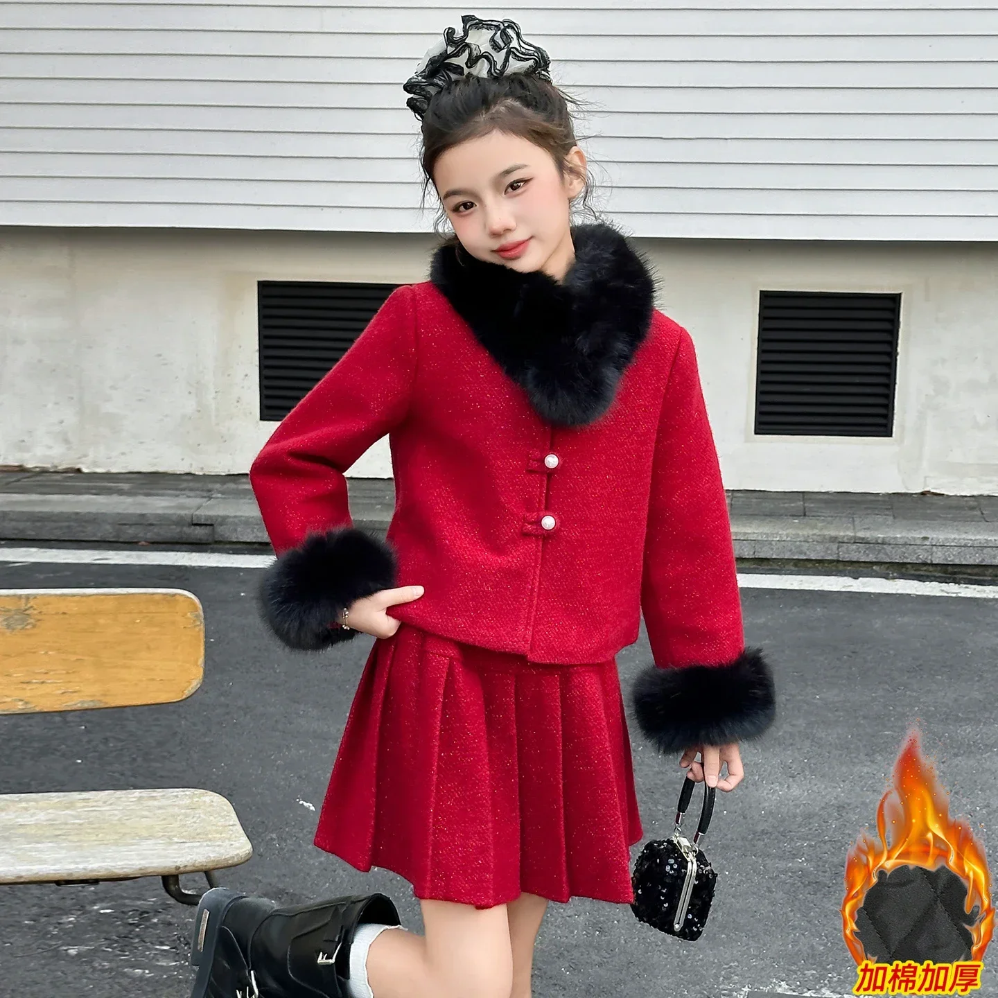 new years red teen girl clothes set Big fur scarf Thick cotton jacket+pleated skirt 3pcs junior kid Christmas suit child outfits