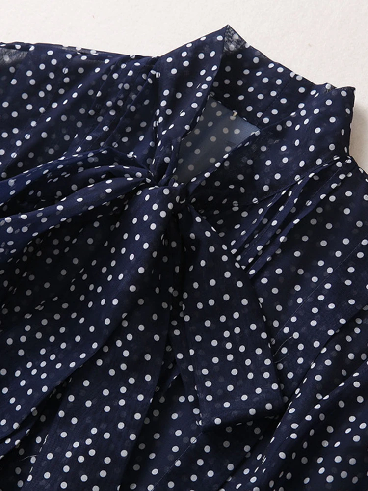 ZJYT eleganti abiti a pieghe blu con stampa a pois per le donne 2023 primavera estate abiti Designer Vintage Midi Robe Femmes Casual XXL