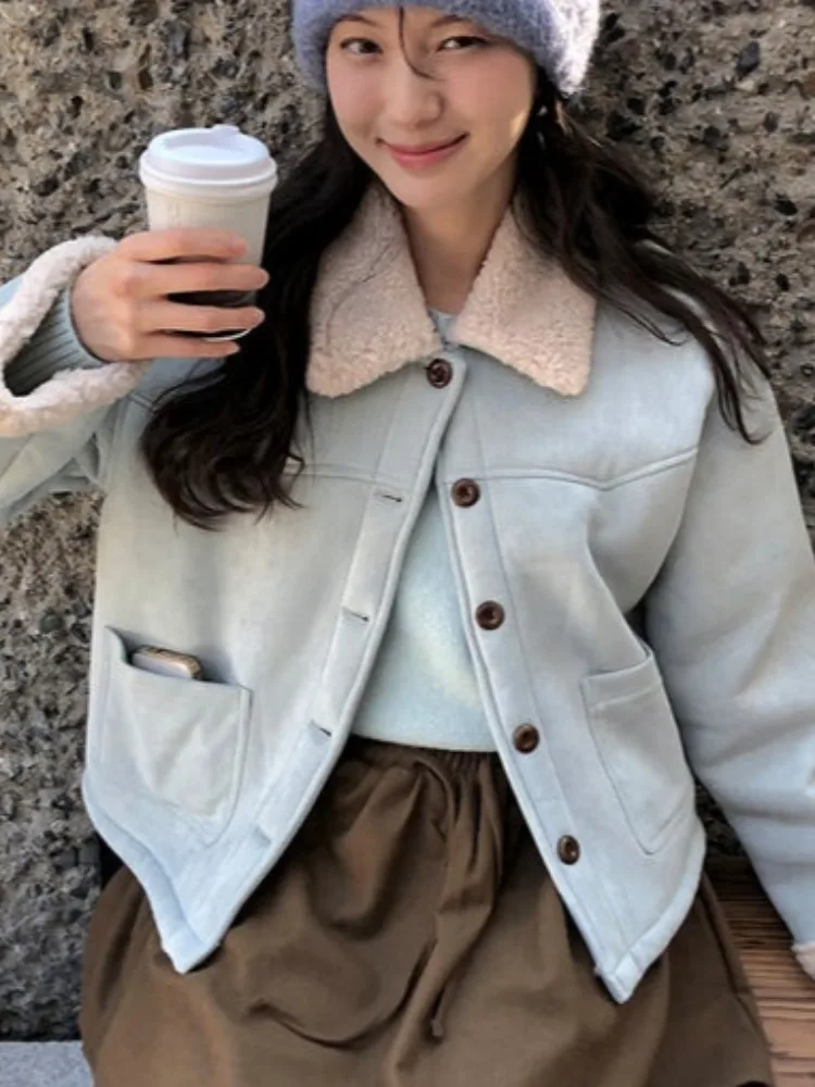 Chic Winter ort Lamb Fur Suede Jaet Women's Warmth Flap Collar Single Button Leather And Fur Inteated Outerwear Coat