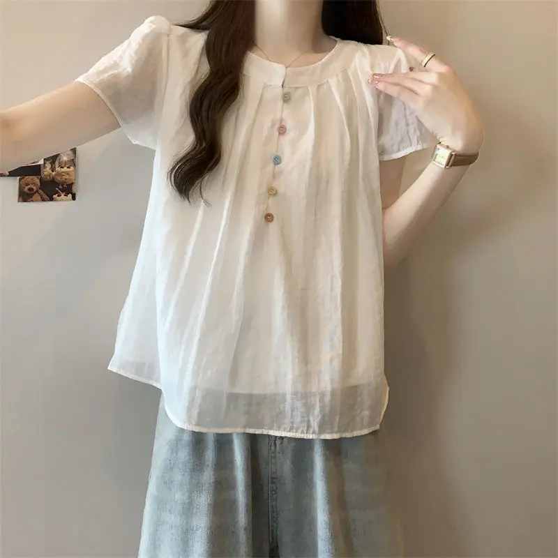 Women Summer Casual Loose Fashion Pleated Solid Color O-neck Short Sleeve Shirts Women Clothes Trend All-match Appear Thin Tops