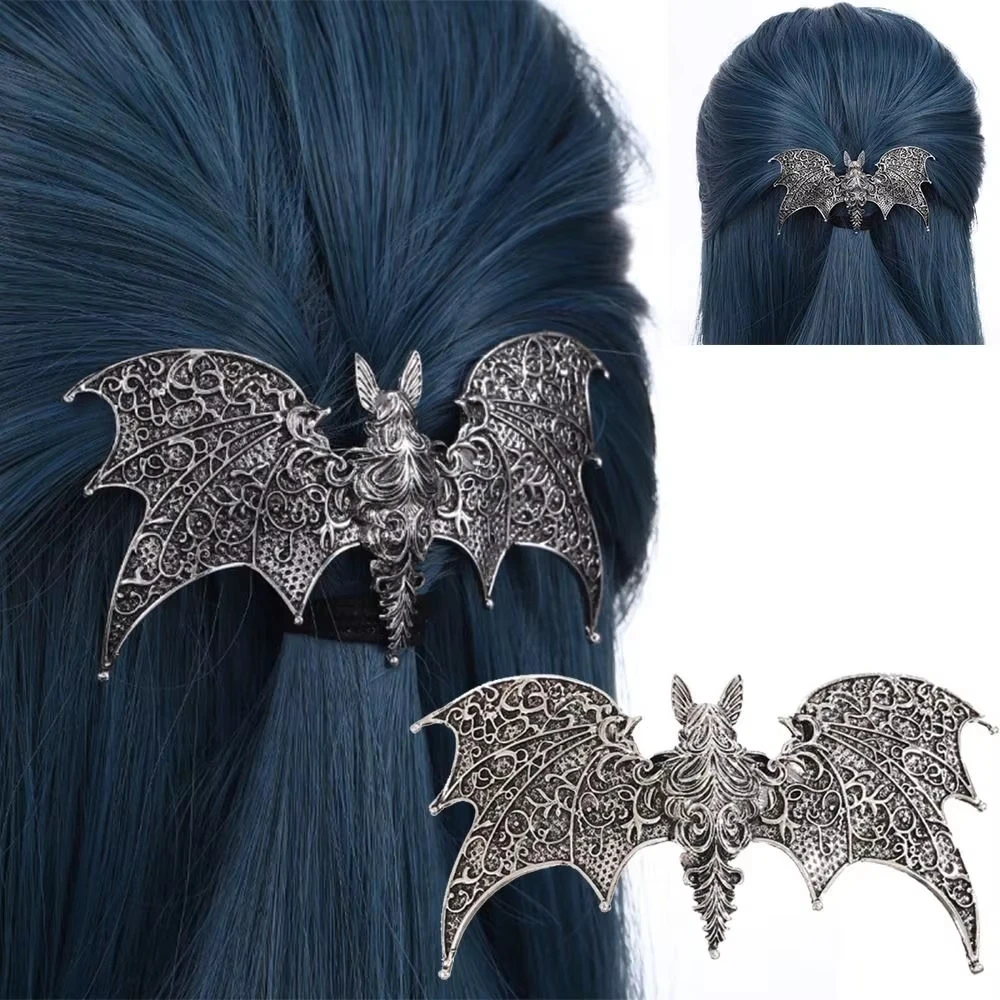 Gothic Alloy Bat Hair Clip Vintage Bat Shape Dragon Wing Hairpin Silver Hollow Pattern Viking Retro Hairpin Party