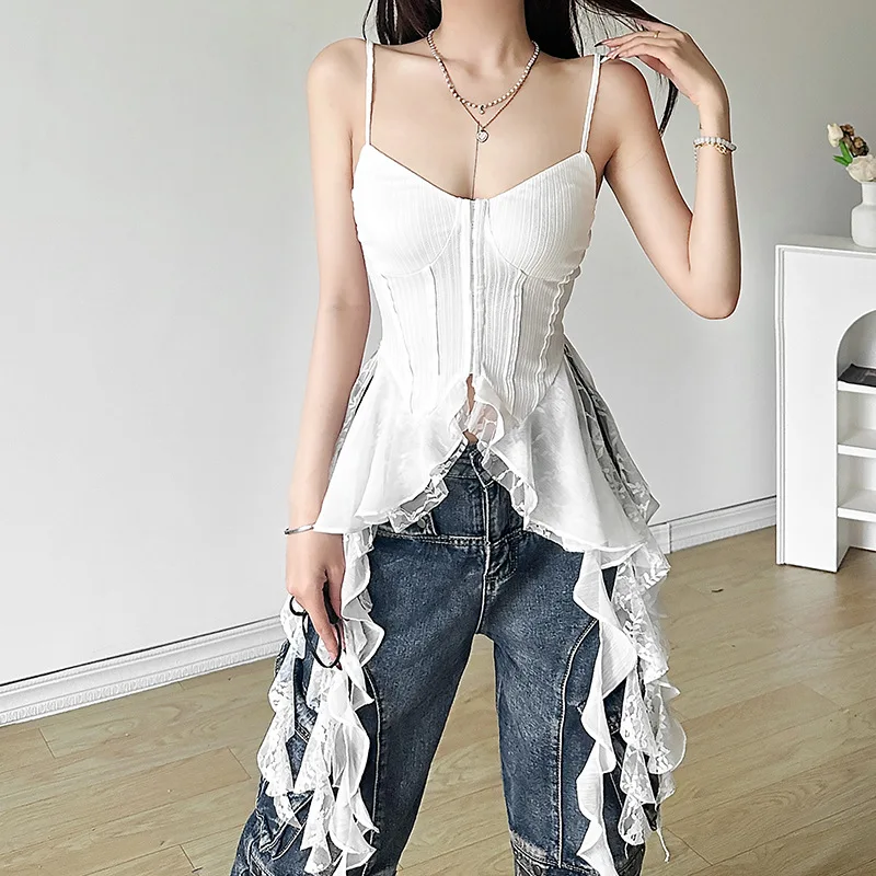 Women's Nylon Camisole Vest with Halter Straps Lace Detailing and Modern Irregular Hem for Layering or Standalone Wear