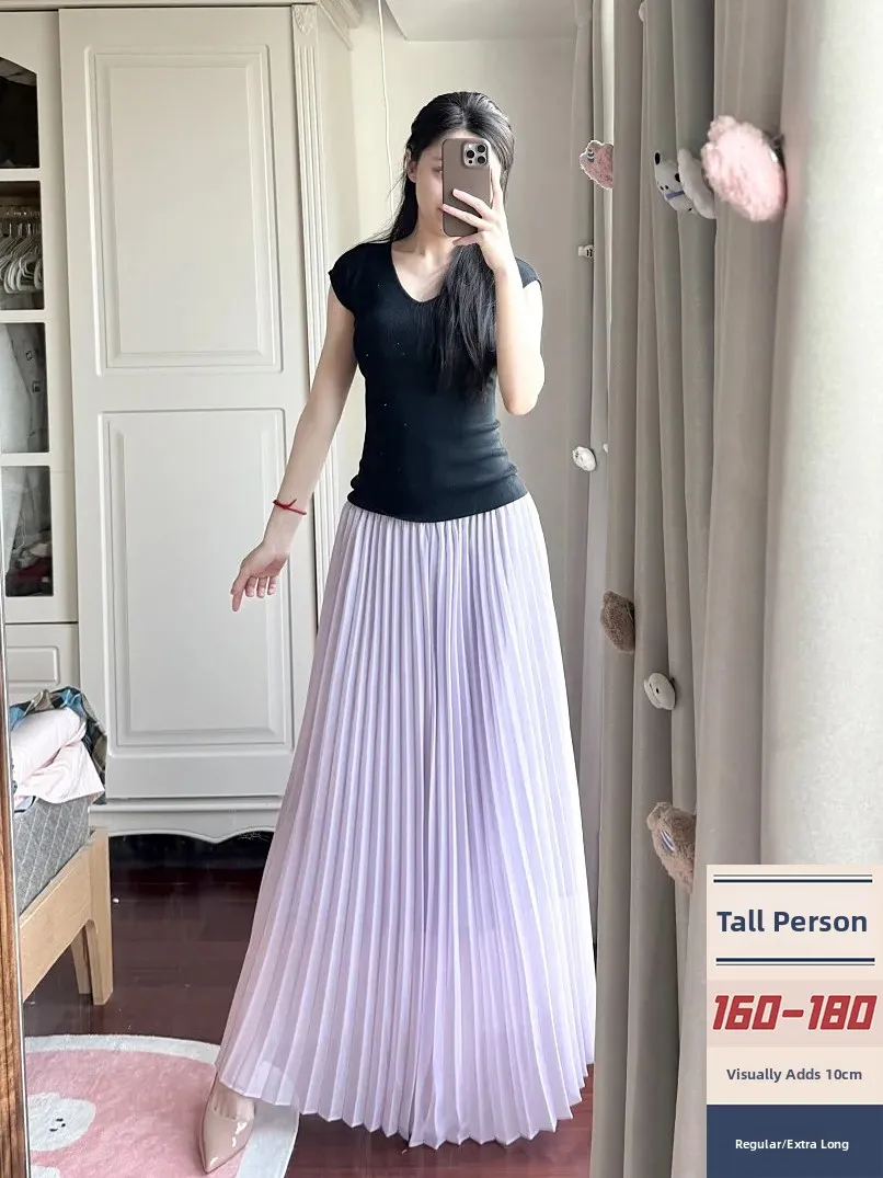 

High Waist Korean Sle f Skirt Women's Summer Ele Gentle Large Swing Midi Skirt for Tall Women 75cm plus Size