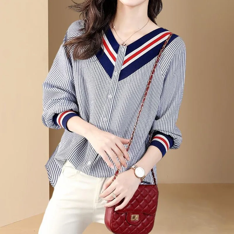 Spring Autumn New Striped Contrast Patchwork Shirt Tops Long Sleeve Loose Button Vintage Blouse Fashion Casual Women Clothing