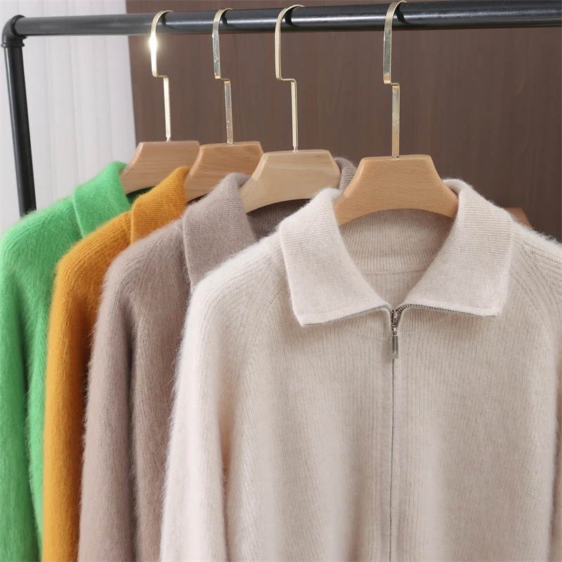 女性ミンクカシミヤセーターターンダウン襟ジッパーカーディガン秋冬ソフト暖かい服 100% ミンクカシミヤニットトップス