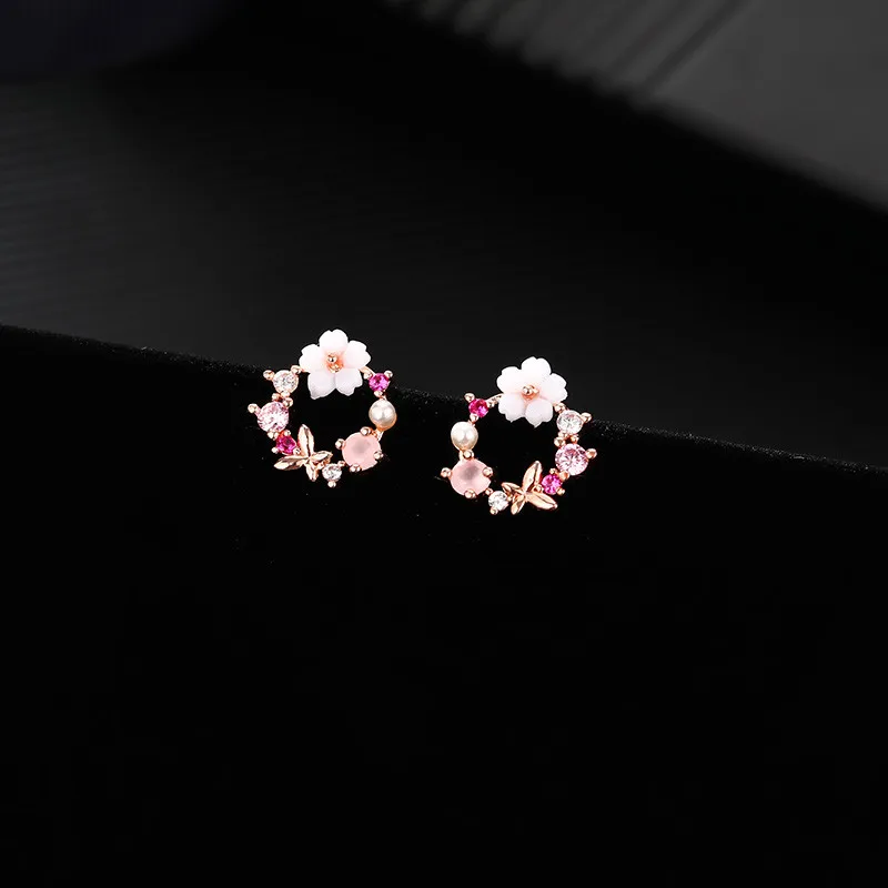 Flower Stud Earring Cute Inlay Color Zircon Flower Butterfly Garland Women Earrings Gifts Korean New Design Fashion Jewelry