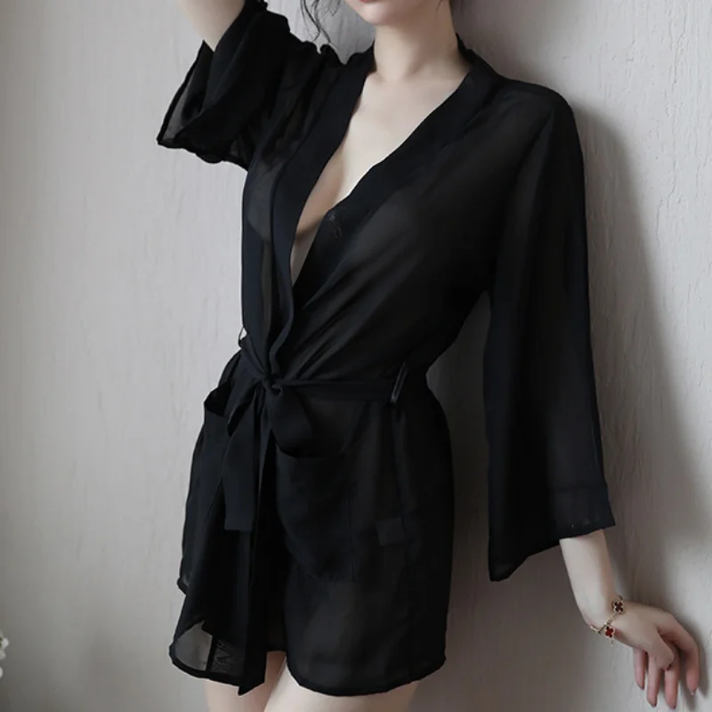 Women Summer One Piece Slip Dress With Long Sleeve V-Neck Chiffon Nightdress Free Size Thin Soft Girls Loose Sexy Solid Dress