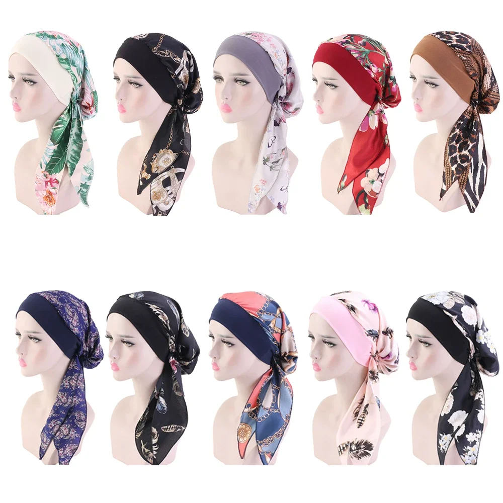 Womens Muslim Hijab Cancer Chemo Flower Print Hat Turban Cap Cover Hair Loss Head Scarf Wrap Pre-Tied Headwear Strech Bandana