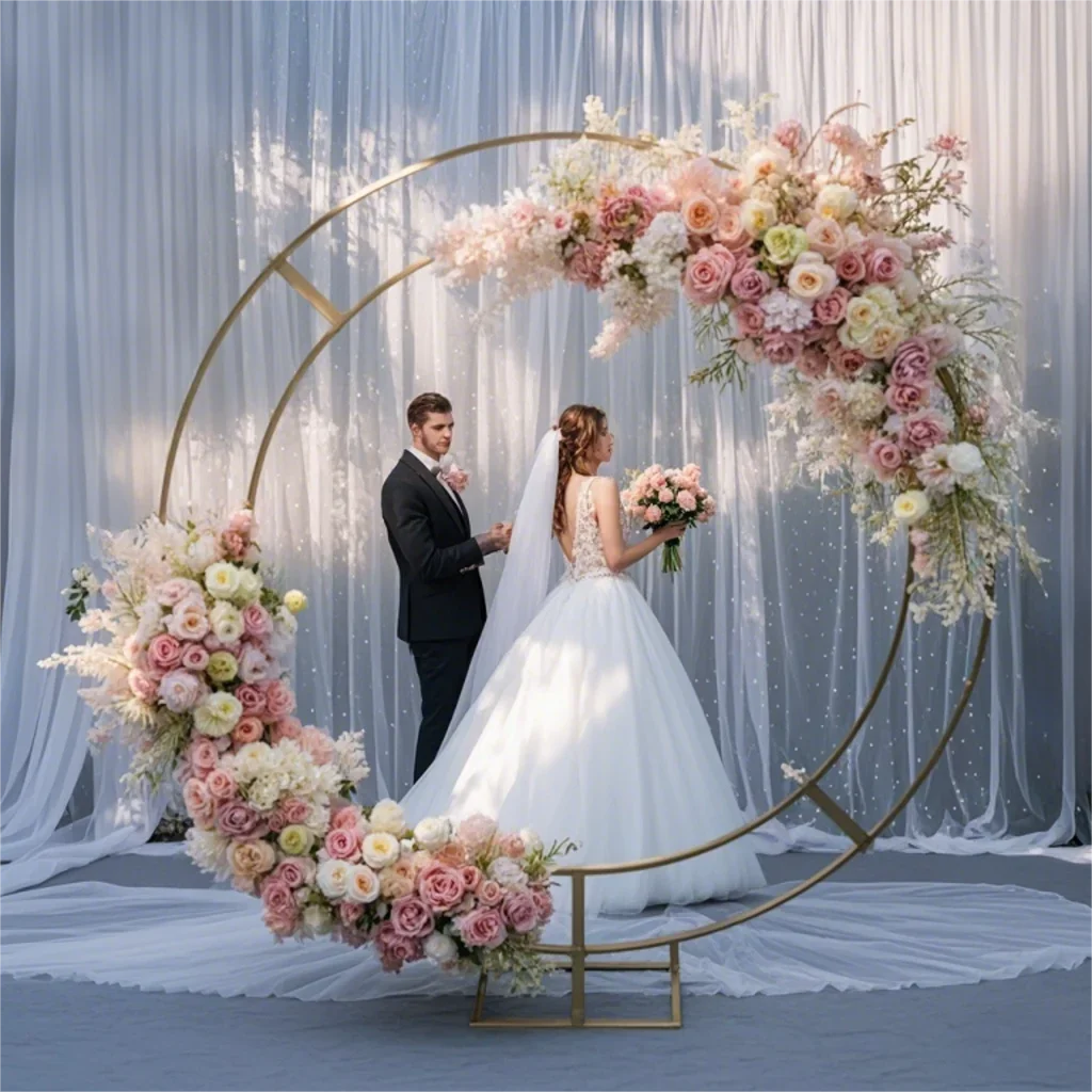 

Electroplated Iron Wedding Arch Double Ring Flower Frame Outdoor Stage Decoration Background Layout for Holiday Events
