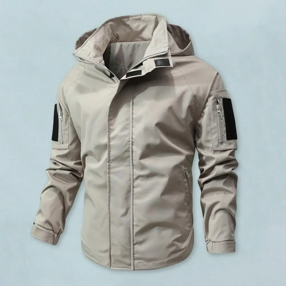 Jaket Hoodie lengan panjang pria, jaket kasual bertudung, lengan panjang, jaket tahan angin, beberapa saku, penutup ritsleting penuh, pita pengencang, mantel Trench