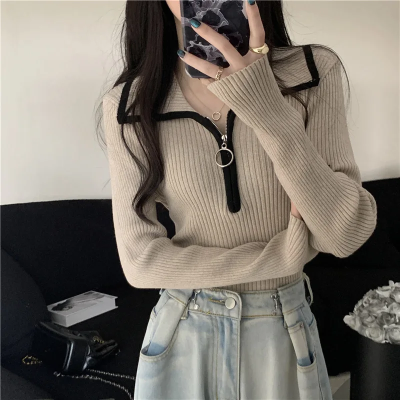 

Women's Autumn New Style Casual Elegant Sweater Outerwear Fashionable Design Slim Fit Polo Neck Half Zip Long Sleeve Knitwear