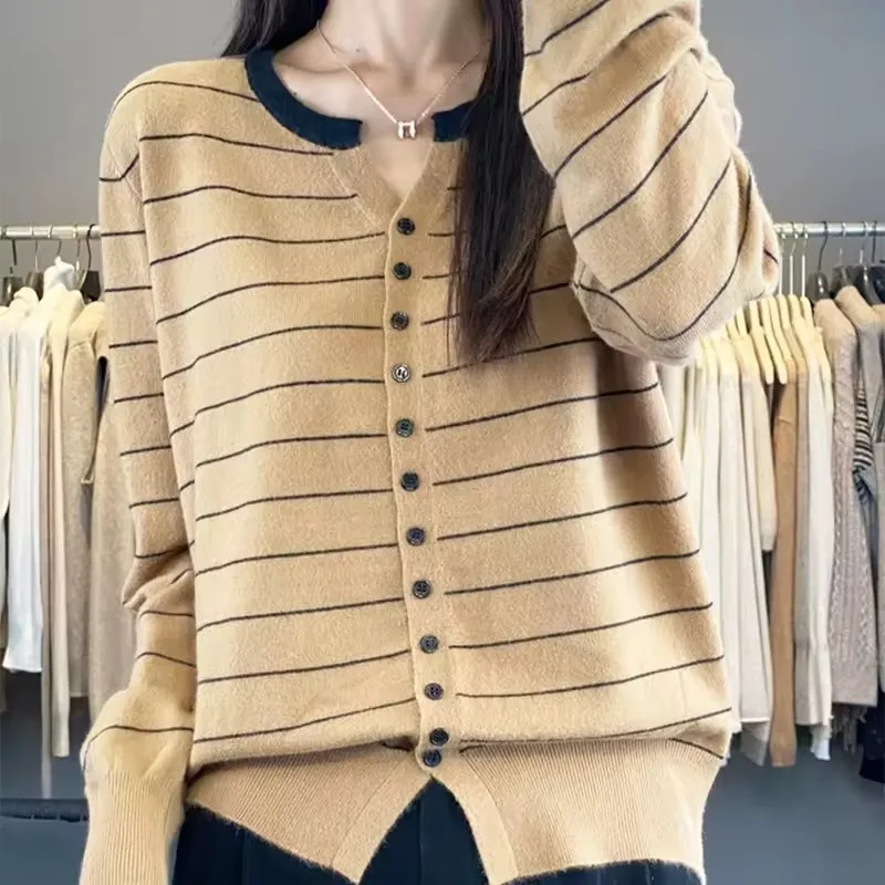Spring Autumn Contrasting Striped Cardigan for Women Fashion Single-Breasted Knitted O-Neck Sweater Casual Versatile Thin Tops