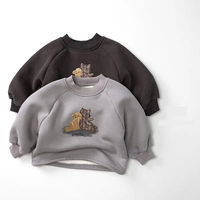 

2025 Winter New Children Fleece Sweatshirt Cotton Girls Cartoon Print Pullover Plus Velvet Thick Kids Boys Casual Warm Tops