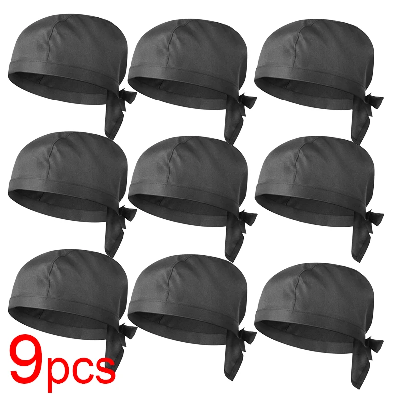 Black Chef Hat 9/6/3/1 Pcs Tie Back Adjustable Chef Cap Bandana Skull Cap Breathable Cook Hat for Kitchen Cooking Other Work