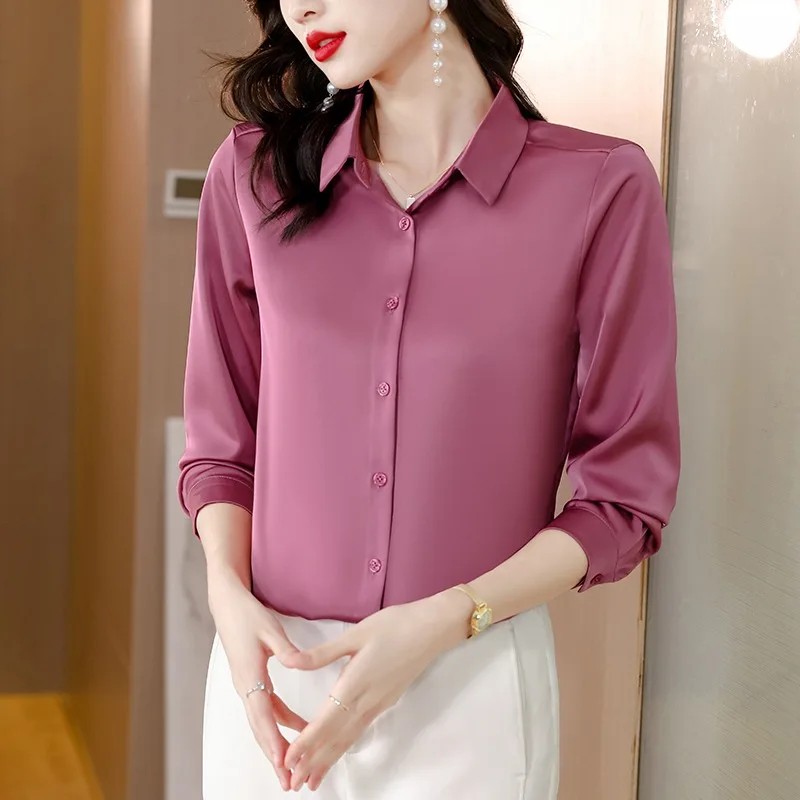 

Ele Satin Long Sve Women's irt Anti-Wrinkle No-Iron Midlife Mom Profional Formal Top Faionable Businwear