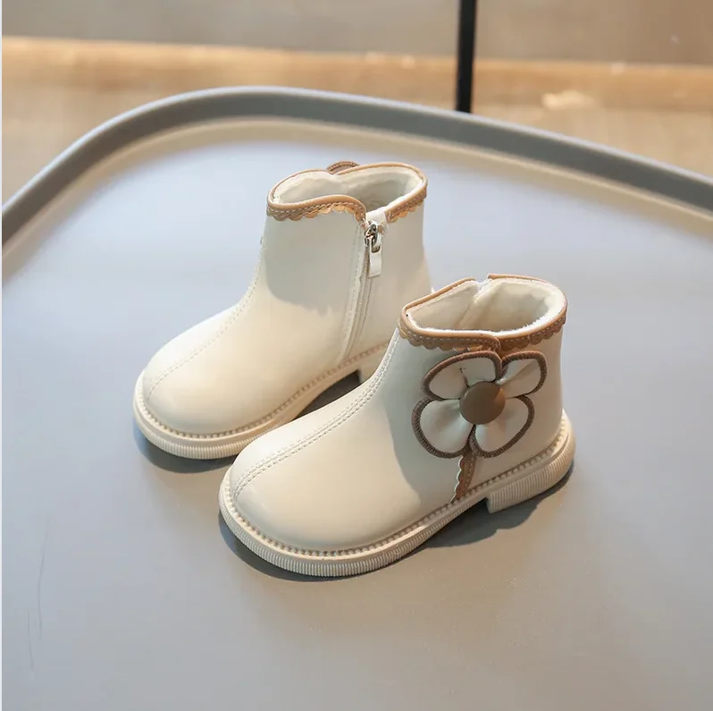 Winter Kids Boots Girls Leather Shoes Thicken Warm Flower Infant Children Girls Snow Boots
