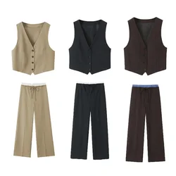 KUCLUT Women Fashion Two Piece Set Khaki Tank Tops & Straight Leg Pants Vintage V-Neck Single Breasted Female Chic Pants Suit