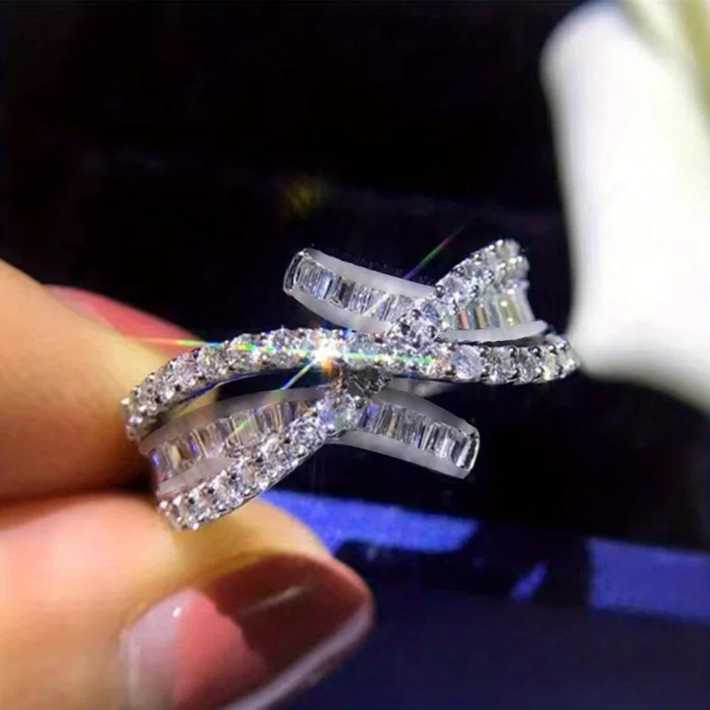 1PC Sparkling Cross Staircase Zirconia Ring Bride Everlasting Promise Engagement Wedding Date Anniversary Birthstone Ring Perfect for Wedding Anniversary Party Vacation Style Glamorous Jewelry Accessories Valentine's Day Christmas Mother's Day Gifts
