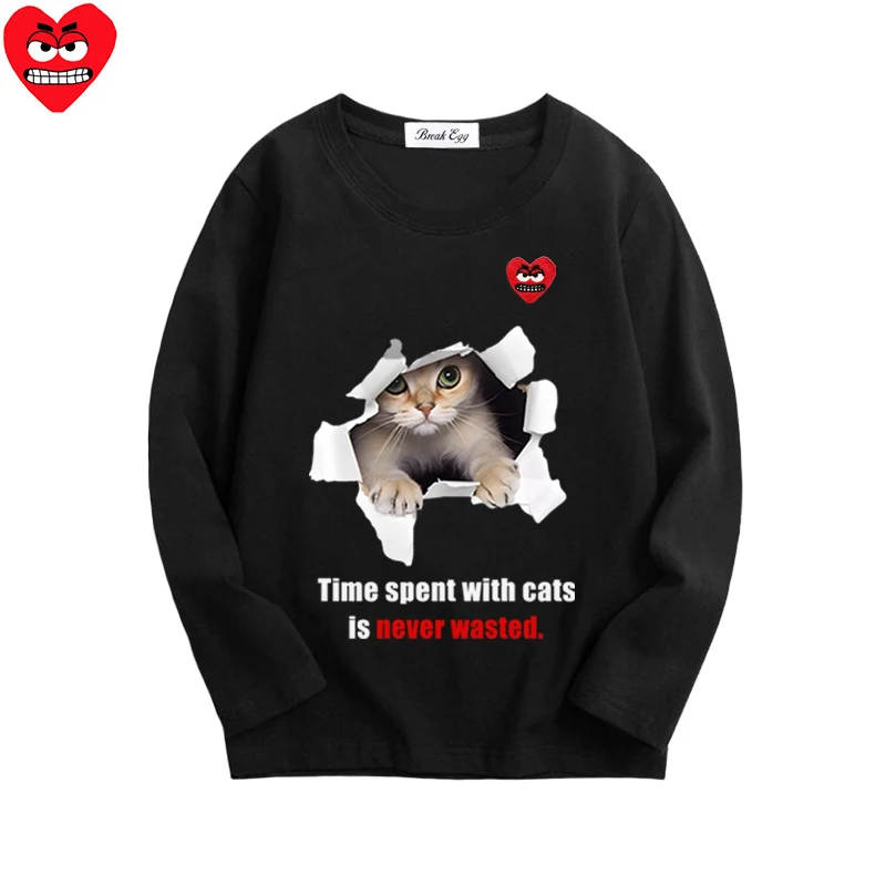 Broken Paper Pet Cat Printing Boy Girl T-shirt Cotton  Red Snag Heart Embroidery O-neck Long Sleeved Summer T-shirt