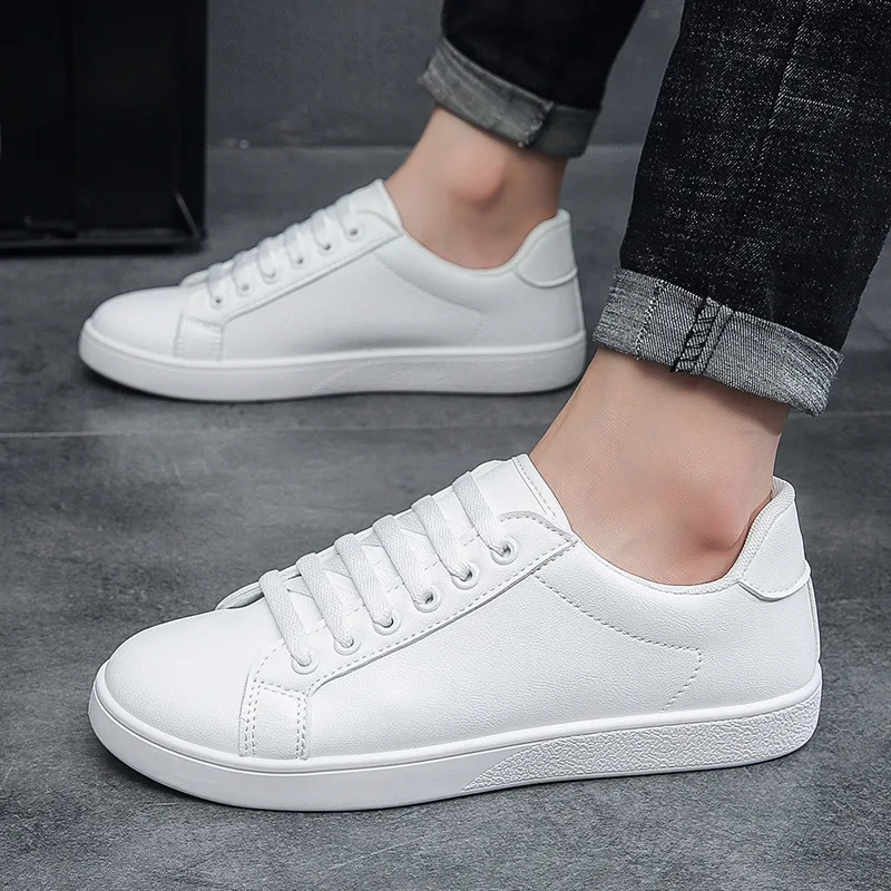 Men\'s Vulcanized Shoes Casual Low Top Flat Sneakers White Shoes Zapatillas Hombre Chaussure Homme Drop Shipping Leather Black