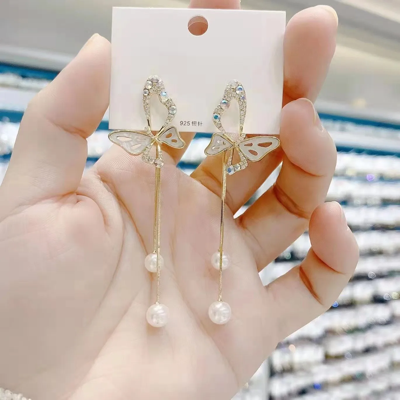 Luxury Fashion Butterfly Stud Earrings Tassel Long Earrings Female 14k Real Gold Plated Delicate Pearl Drop Earrings For Women