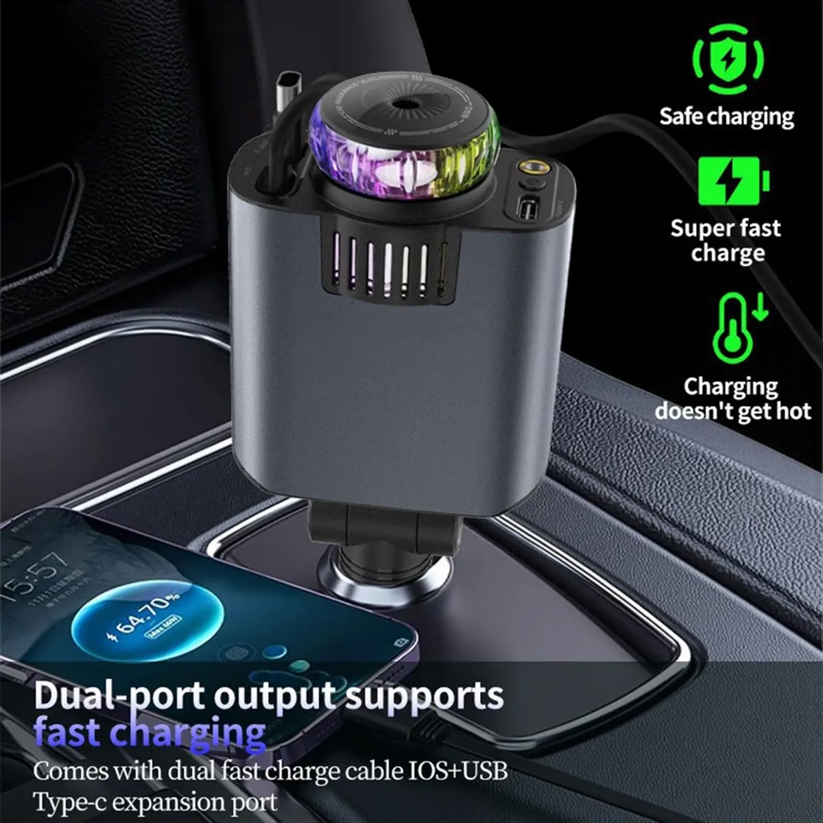Superb- Retractable Car Charger with Aromatherapy and Starlight, 5-in-1 USB-C Car Charger, Compatible with for Apple Interface