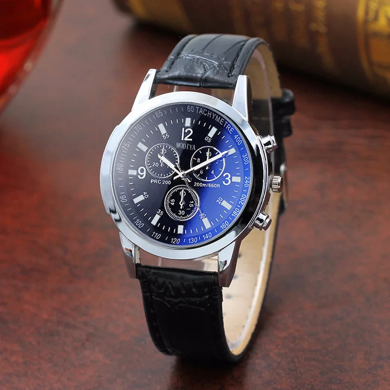 Montre étanche à trois yeux pour hommes et femmes, décoration en verre bleu, ceinture à la mode, cadeau