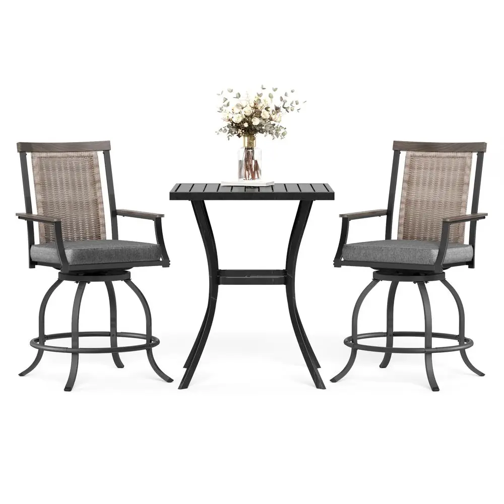

3 Piece Outdoor Bar Height Table and Chairs, Patio High Top Table and Chairs, Patio Bar Set with 2 Wicker Rattan Swivel Bar Cha