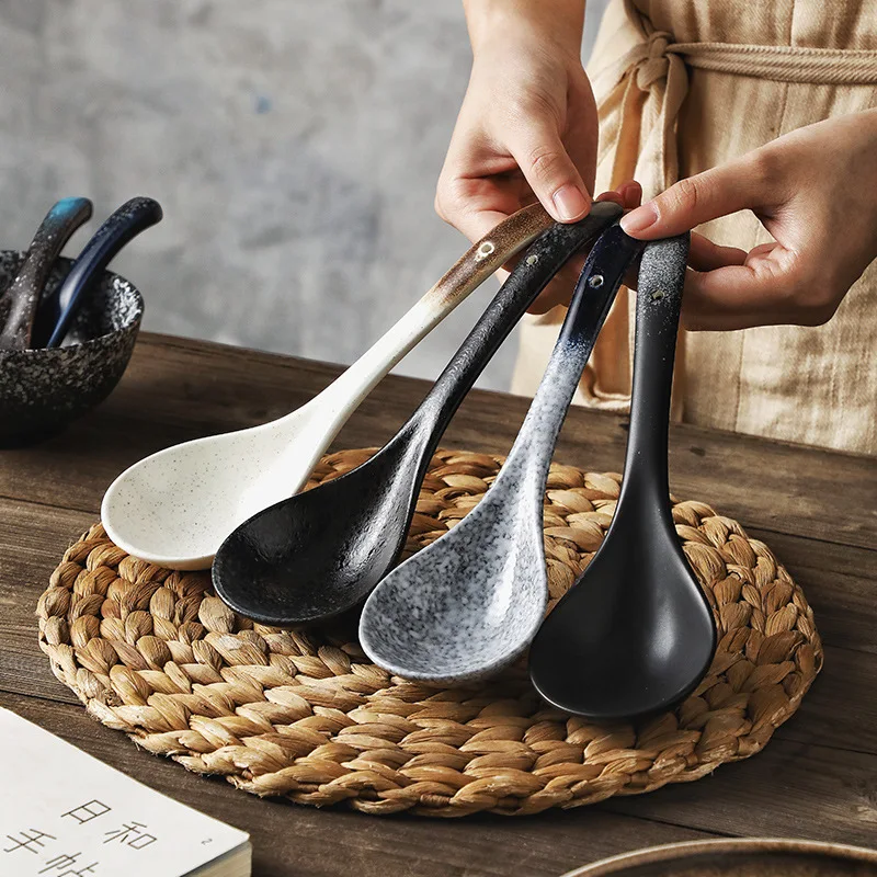 Creative Design Japanese Large Spoon Household Simple Ceramic Large Spoons Long Handle Soup Spoon Congee Spoons Hotel Tableware