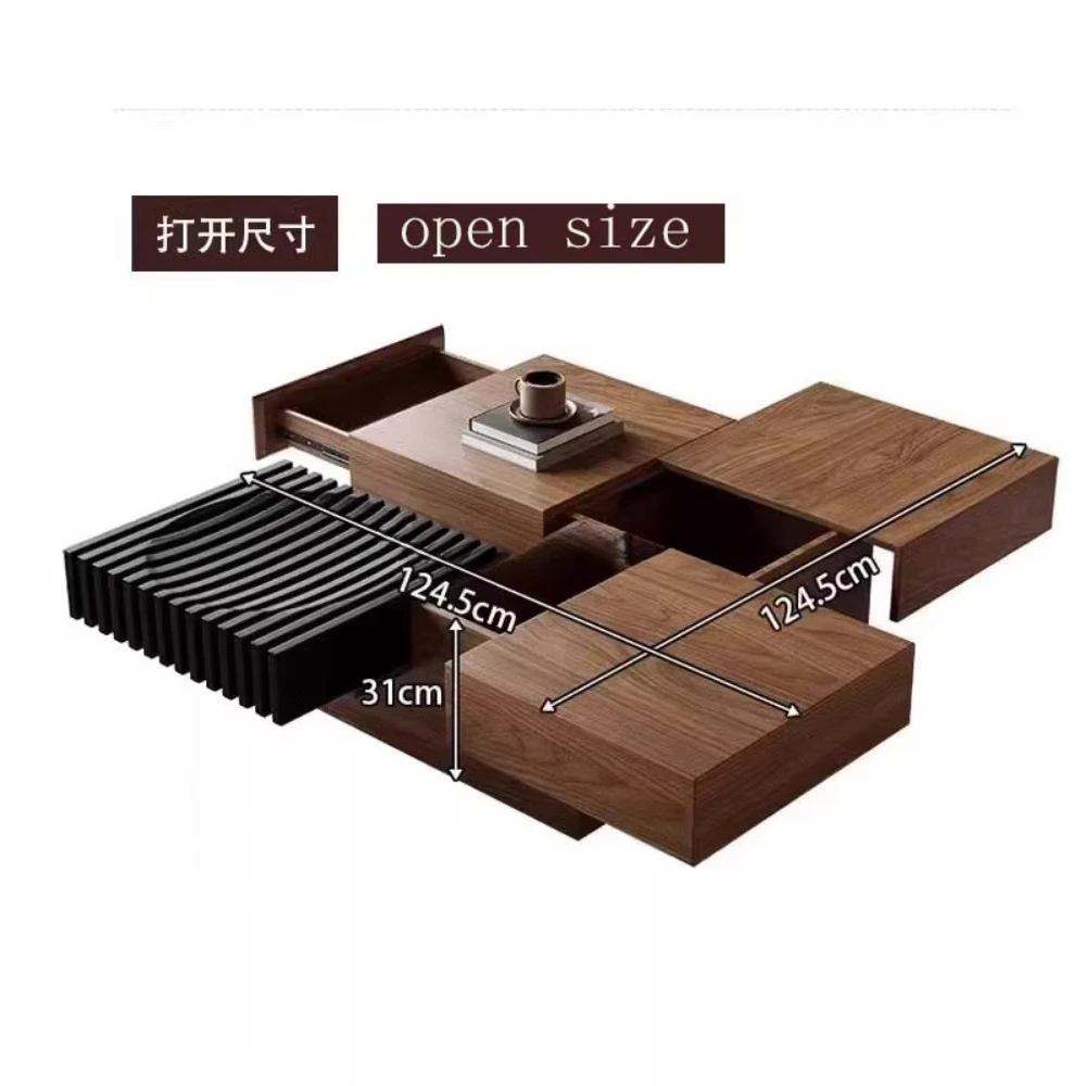 Modern Walnut Wood Coffee Table, Square Tea Table with Storage Drawers for Living Room