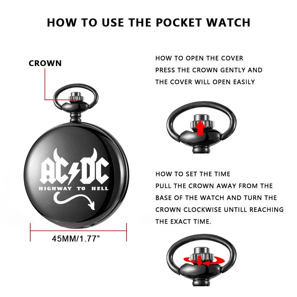 Vintage AC and DC Rock Band Engraved Unique Quartz Pocket Watch Necklace Clock Pendant Gift for Women Men Kids Reloj De Bolsillo