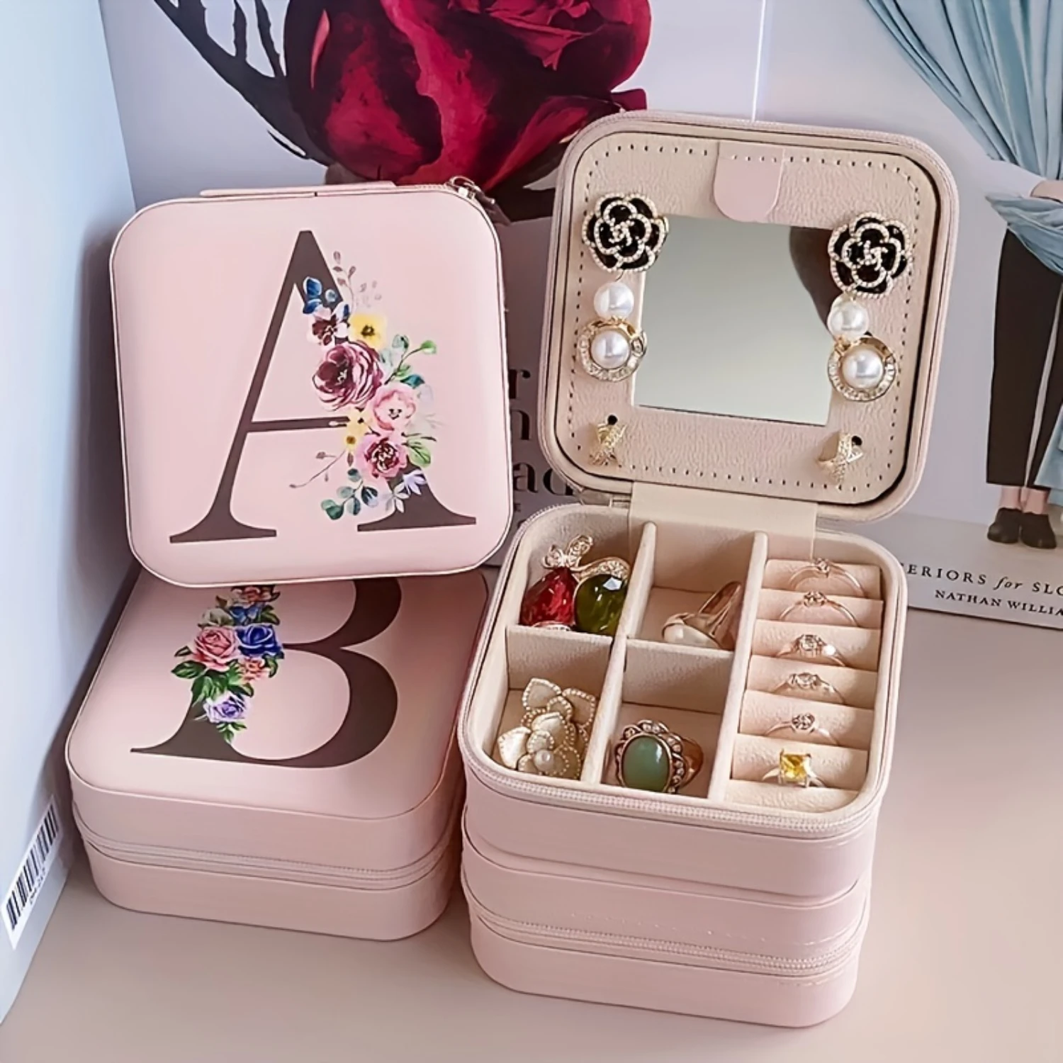 Fashion Letter Print Jewelry Box with Mirror, Multi-Grids PU Jewelry Organizer for Earrings and Necklaces