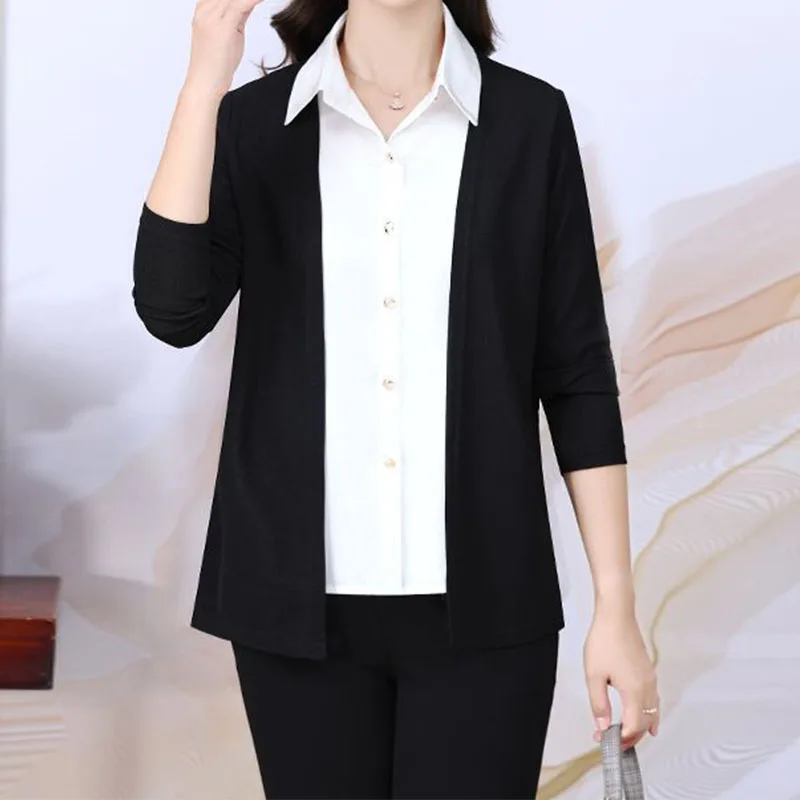 Temperament Simple Autumn Shirt Women Fashion Fake Two Patchwork Casual Versatile Button Office Lady Chic Long Sleeve Blouses