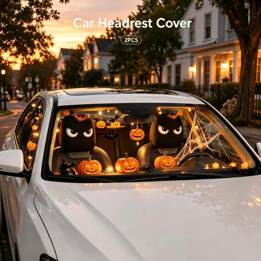 2Pcs (1 Left + 1 Right) Black Squinted Eyes Car Headrest Covers, 2D Printed, Highly Elastic & Soft, Funny Halloween Decor,