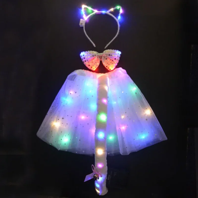 LED Glow Light Up Kids Girl Women Tutu Skirt Party Cat Ear Headband Tie Tail Fox Treat or Trick Costume Christmas New Year