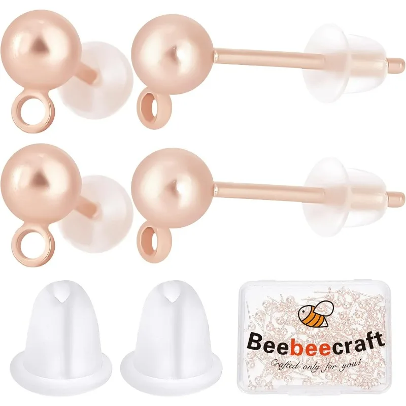 

1 Box 100Pcs Ball Stud Earring Findings Stainless Steel Rose Gold Stud Post Earrings Components with Loop and 100Pcs Plastic Ear