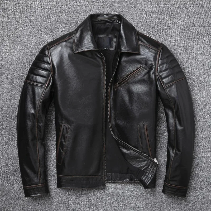 

New 2024 Edging Brown Vintage Style Genuine Leather Jacket Men Cowhide Slim Fashion Biker Clothing Big Size Jackets