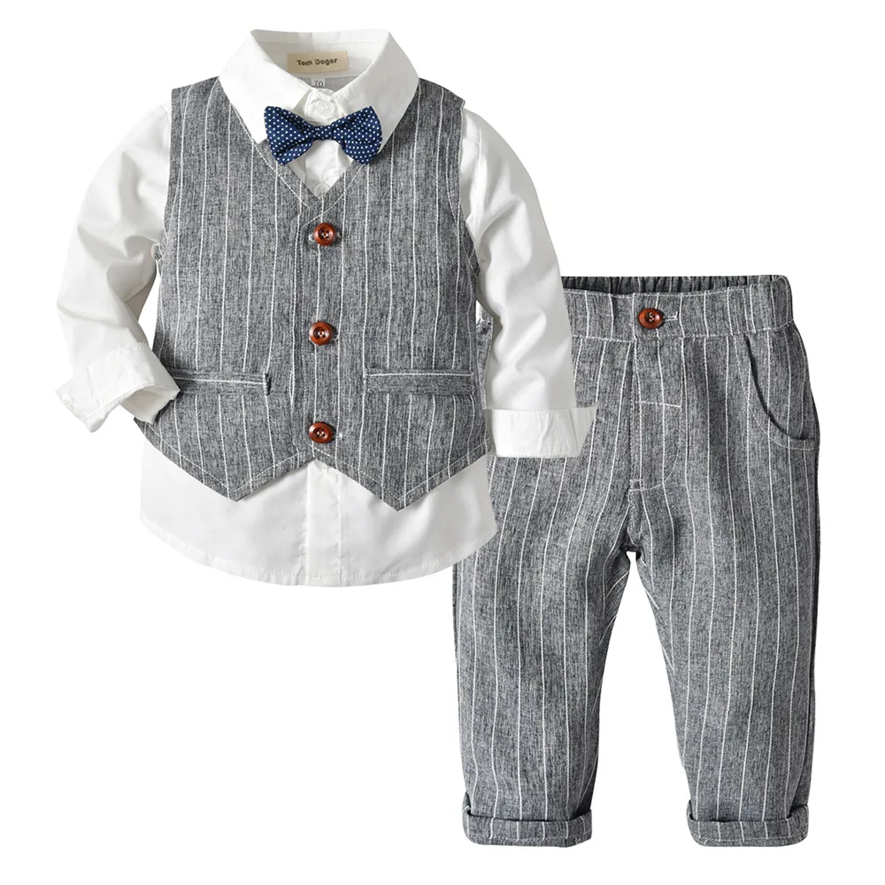 Trajes para niños, Blazers, trajes para boda, fiesta Formal, chaleco a rayas para bebé, camisa, pantalones, ropa de abrigo para niños, conjunto de