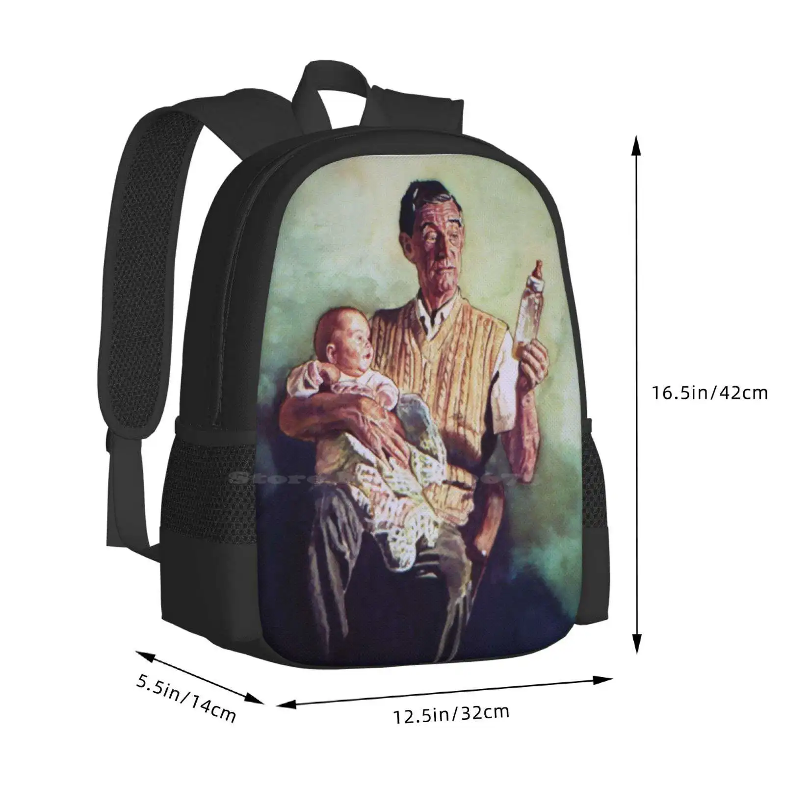 حقيبة ظهر مدرسية للكمبيوتر المحمول للسفر بتصميم أنيق من Babysitting Baby Gouache Grandfather Portrait Face Cute Family #3