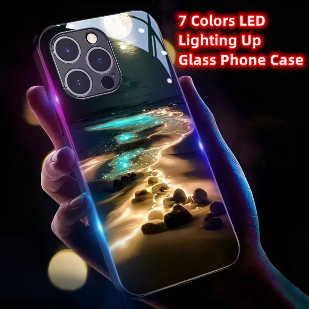 2025 Pretty Galaxy Beach Smart LED Light Glow Tempered Glass Phone Case For VIVO X70 X80 X90 X100 X200 Pro Plus IQOO 12 11 10