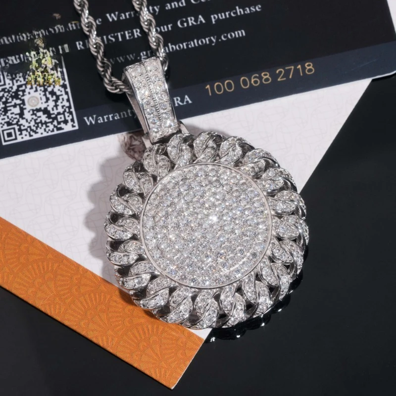 

Hiphop 925 Silver Iced Moissanite Round Pendant Cuban Ropper Jewelry White Gold Plated Bling Diamond Pendant with Rope Chain