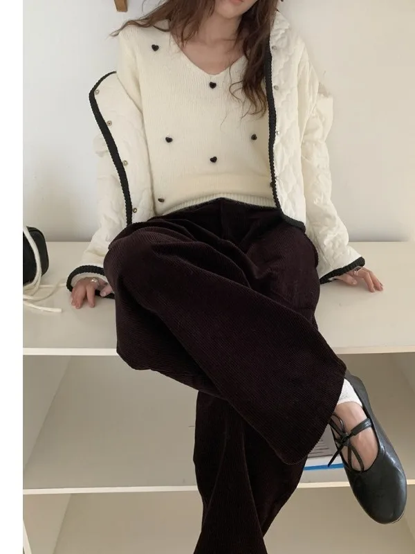 الرجعية كسول Sle Thi سروال قصير بنطال ذو قصة أرجل واسعة المرأة الخريف الشتاء عادية المنجل السراويل الكورية Sle عالية الخصر فضفاضة تناسب #1