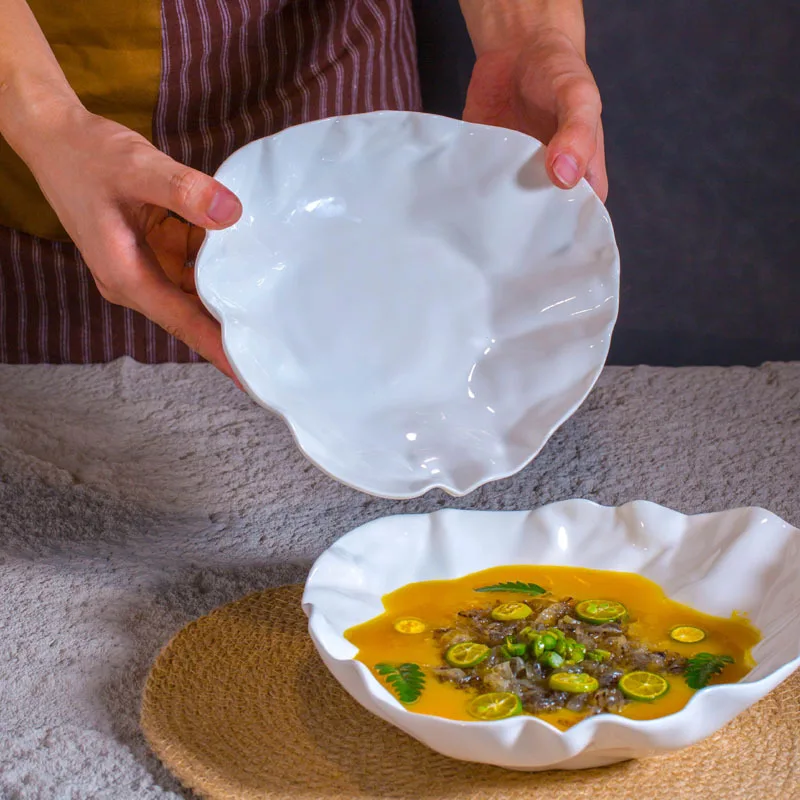 1PC Ruffled Deep Plate Bowl Premium Japanese Style Tableware Ceramic Salad Dish Household Commercial Decorative Tableware