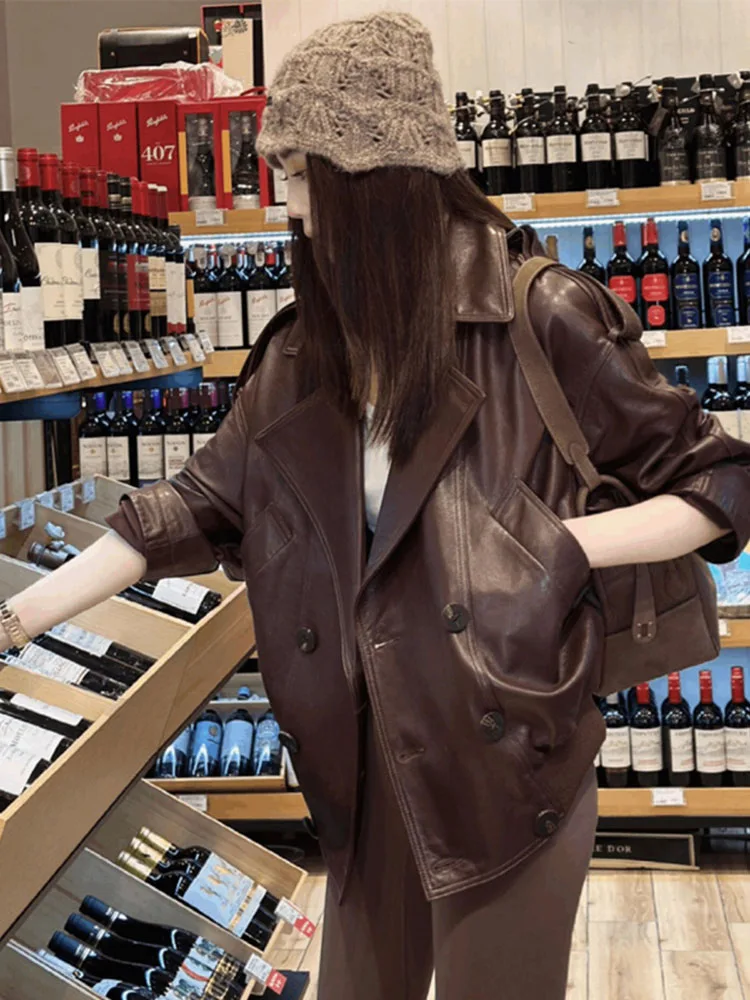 Vintage Faux Leather Jackets Long Sleeve Single Breasted Pockets Lapel Coats 2025 Autumn Wwinter New Lady Streetwears